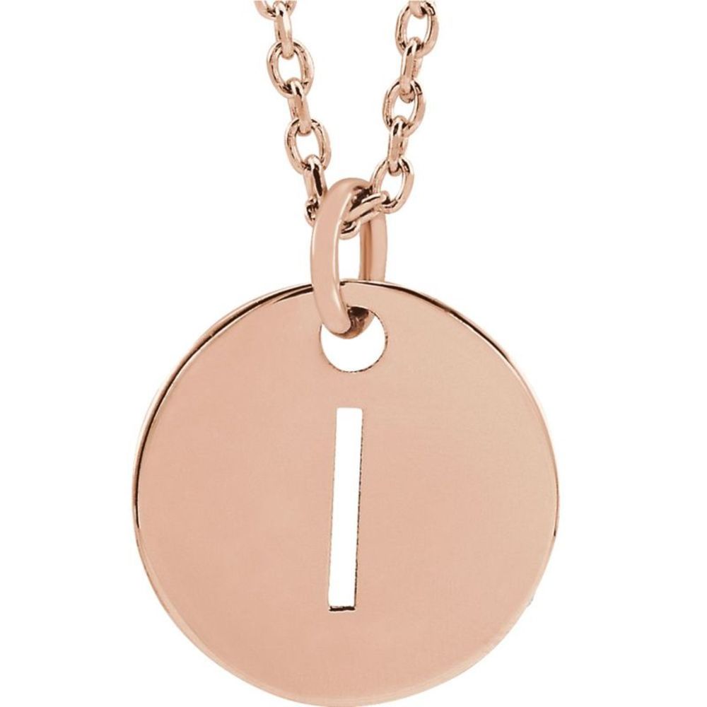 14k Rose Gold Initial I, Small 10mm Pierced Disc Necklace, 16-18 Inch